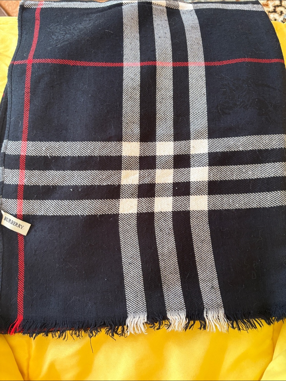 Authentic Burberry Black Scarf with White and Red Check